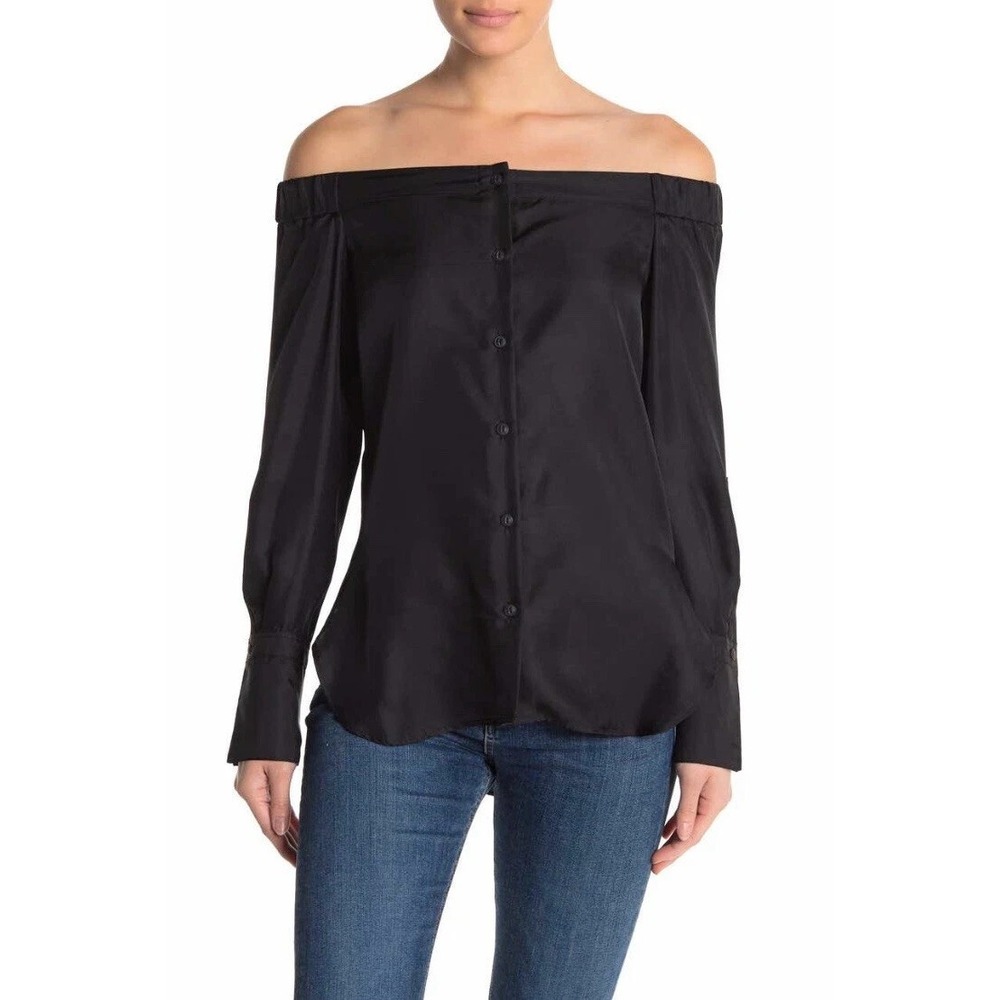 Rag & Bone Womens 100% Silk Kacy Off the Shoulder Tunic Top Size L Black Classic